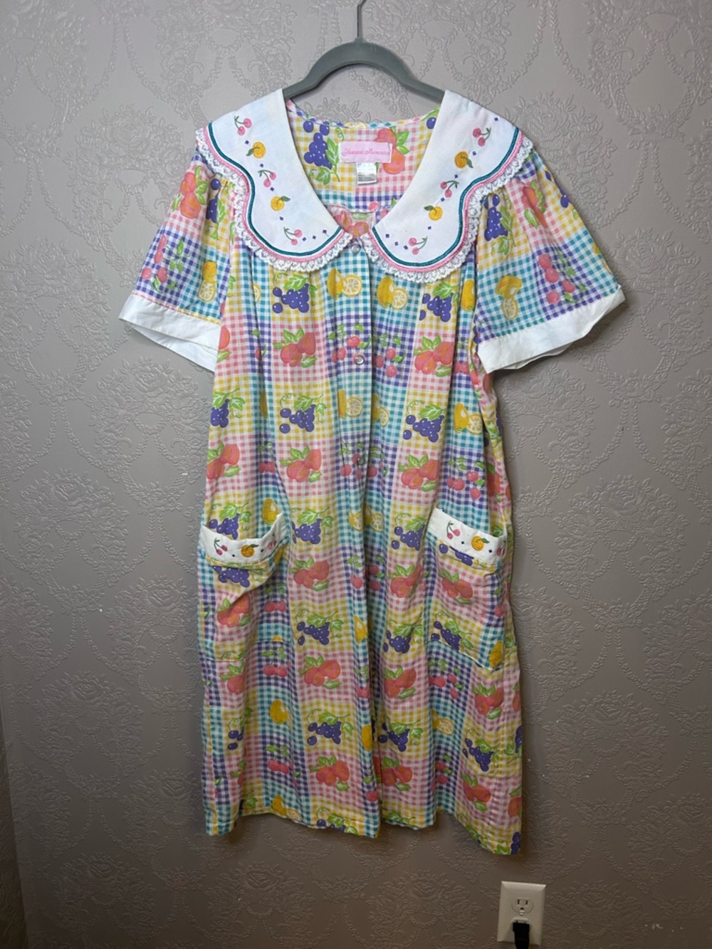 Vintage Multicolor Gingham Nightgown with Embroidered Peter Pan Collar